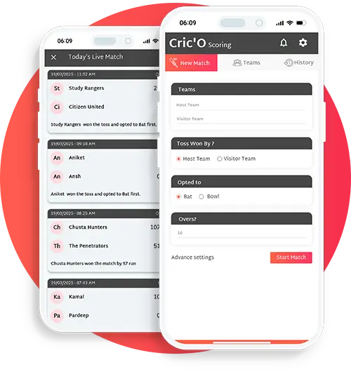 CricÓ Cricket Scoring App Mobile Interface